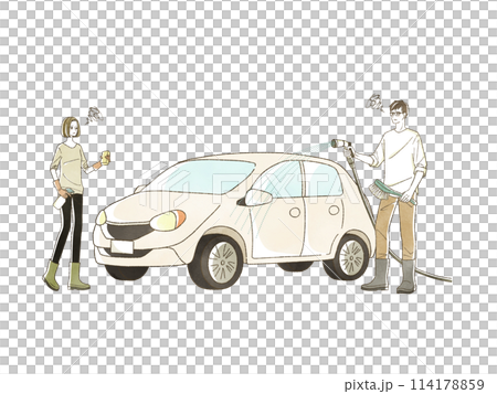 困った表情で洗車をしている男女 114178859