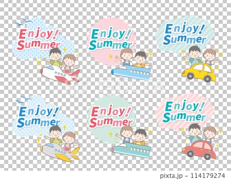 色々な乗り物に乗っている夏休みの子供たち 旅行 見出し 色々な乗り物に乗っている夏休みの子供たち 旅行 見出し 114179274