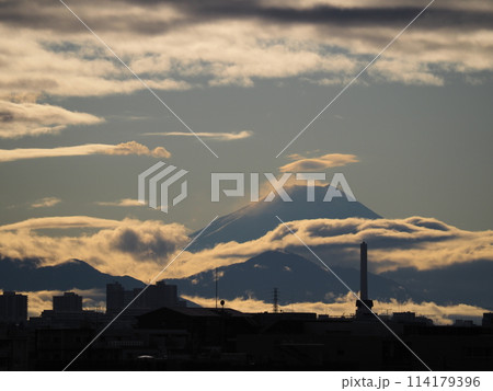 川口市の荒川堤から見えた白い雲を纏う富士山 114179396