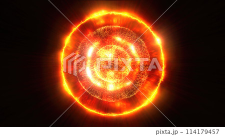 Yellow energy magic sphere round hi-tech light digital ball space planet star made of futuristic light rays lines and energy particles. Abstract background 114179457