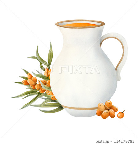 Fresh sea buckthorn juice in white jug with twig of orange Hippophae berries watercolor illustration isolated on white. Hand drawn healthy drink in ceramic pitcher for rustic vegan and diet beverages 114179783