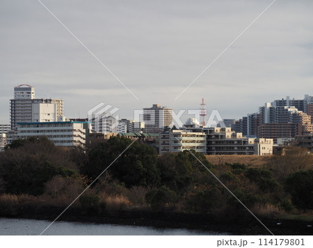 荒川を隔てて林立する東京のマンション群 114179801