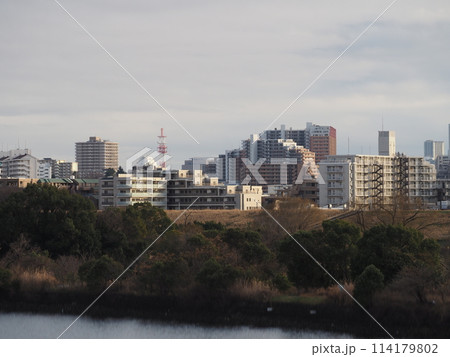 荒川を隔てて林立する東京のマンション群 荒川を隔てて林立する東京のマンション群 114179802