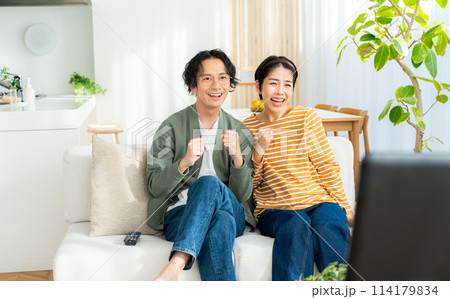 リビングでテレビを見るカップル リビングでテレビを見るカップル 114179834