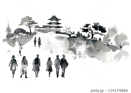 お城の見える風景（水墨画）のイラスト素材 [114179866] - PIXTA
