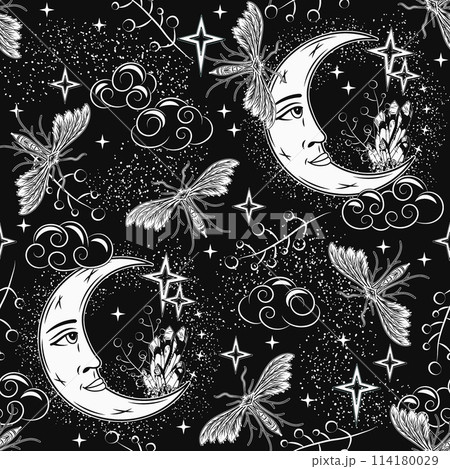 Night pattern with moon with face, stars butterfly 114180029