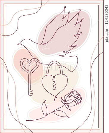 Wedding poster with romanitic symbols. Line art 114180042