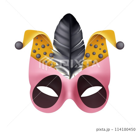 Venice carnival mask. Masquerade party. Harlequin face. Mardi Gras show. Joker festival costume with bell and feather. Venetian parade. Theatrical 3D decoration. Vector theater performance element Venice carnival mask. Masquerade party. Harlequin face. Mardi Gras show. Joker festival costume with bell and feather. Venetian parade. Theatrical 3D decoration. Vector theater performance element 114180450