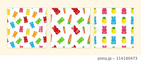 Bear gummy. Pattern candy collection, fruit jelly cute sweets, colorful bean, sugar snack, cola bottle. Kids food, soft gum. Print with icon 3d shapes. Vector background illustration birthday decor 114180473