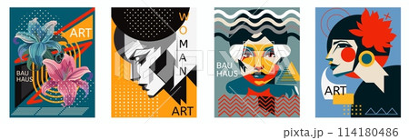 Art poster. Bauhaus design. Exhibition abstract pattern. Lily flowers. Woman party banner. Contemporary artwork flyer. Creative collage. Magazine minimal graphic. Memphis face. Vector backgrounds set 114180486