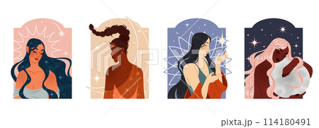 Woman portrait. Female young faces. Magic hair. Night sleep. Dreaming girls. Modern style. Witch beauty. Sky moon and stars. Esoteric astrology. Mystic abstract background. Vector creative posters set Woman portrait. Female young faces. Magic hair. Night sleep. Dreaming girls. Modern style. Witch beauty. Sky moon and stars. Esoteric astrology. Mystic abstract background. Vector creative posters set 114180491