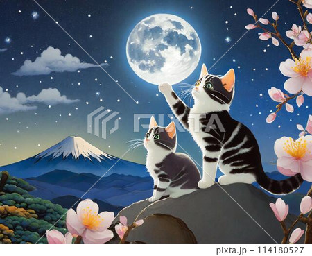 星空の夜桜の中でお月さまに手を伸ばす猫のイラスト素材 [114180527