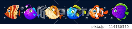Fish sea cartoon 3d. Underwater character, animal ocean creature. Marine aquarium. Kid seahorse, water life. Funny undersea fauna. Marine puffer, water clown. Vector tidy cute icon, isolated elements Fish sea cartoon 3d. Underwater character, animal ocean creature. Marine aquarium. Kid seahorse, water life. Funny undersea fauna. Marine puffer, water clown. Vector tidy cute icon, isolated elements 114180550