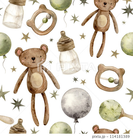 Children's watercolor drawing with teddy bear, milk bottle, wooden rattles, balloons on a white background. Isolated hand drawn illustration for children's interior, cards, stickers, textiles, design. Children's watercolor drawing with teddy bear, milk bottle, wooden rattles, balloons on a white background. Isolated hand drawn illustration for children's interior, cards, stickers, textiles, design. 114181389