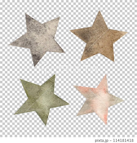 A set of five-pointed stars of different colors: gray, brown, green, pink. Watercolor isolated illustration for children's interior, cards, stickers, textiles, design, invitations, packaging A set of five-pointed stars of different colors: gray, brown, green, pink. Watercolor isolated illustration for children's interior, cards, stickers, textiles, design, invitations, packaging 114181418