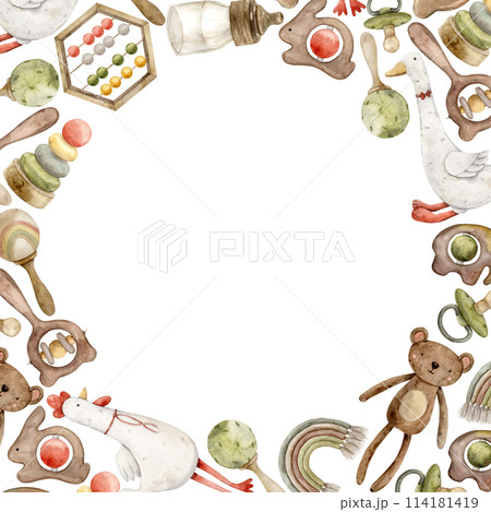 Round frame of children's toys, teddy bear, goose, owl and rooster, rattles, pyramid, bottle, pacifier. Watercolor illustration for cards, stickers, textiles, design, invitations, website, logo 114181419