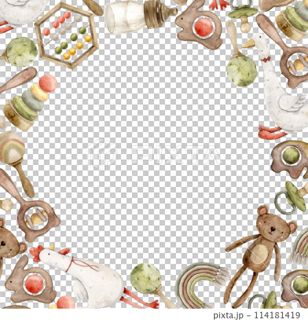 Round frame of children's toys, teddy bear, goose, owl and rooster, rattles, pyramid, bottle, pacifier. Watercolor illustration for cards, stickers, textiles, design, invitations, website, logo 114181419