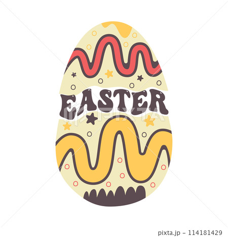 Happy Easter egg design with text. Easter holiday symbol egg hunt in colorful flat style with phrase . Retro art decoration. Stock vector icon illustration clipart 114181429