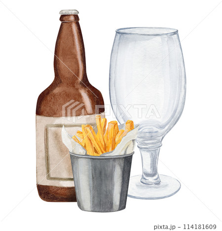 Hand-drawn watercolor illustration bottle of beer with empty glass for beer and snack bucket of French fries. International beer day. Beer festival. 114181609