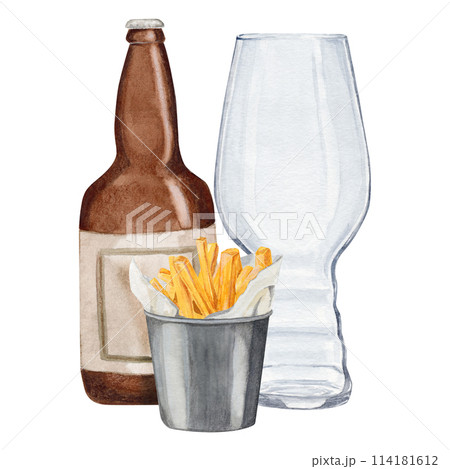 Hand-drawn watercolor illustration bottle of beer with empty glass for beer and snack bucket of French fries. International beer day. Beer festival. Hand-drawn watercolor illustration bottle of beer with empty glass for beer and snack bucket of French fries. International beer day. Beer festival. 114181612