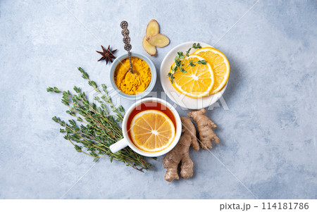 Creative flat lay with ingredients to boost immunity. Hot seasonal tea against viruses. Ingredients Creative flat lay with ingredients to boost immunity. Hot seasonal tea against viruses. Ingredients 114181786