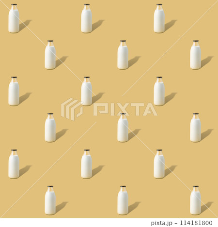 Creative seamless pattern with bottle of vegan milk on a yellow background Creative seamless pattern with bottle of vegan milk on a yellow background 114181800