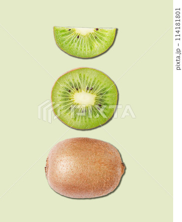 Concept layout made from fresh sliced kiwi and kiwi fruit on green background. Concept layout made from fresh sliced kiwi and kiwi fruit on green background. 114181801