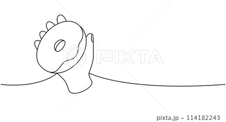 Hand holding donut with icing one line continuous drawing. Bakery sweet pastry food. Vector linear illustration. 114182243