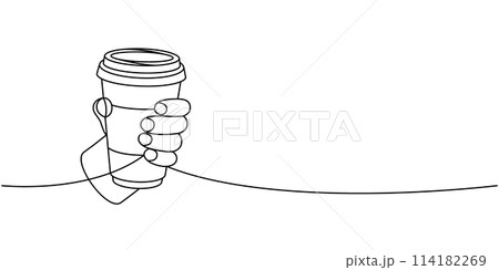 Hand holds coffee cup one line continuous drawing. Hand drawn elements for cafe menu, coffee shop. Vector linear illustration. 114182269