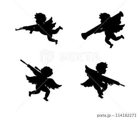 Cupids shooting a guns. Angels with guns. Angel with a wings. Cherubs silhouette. Vector illustration. 114182271