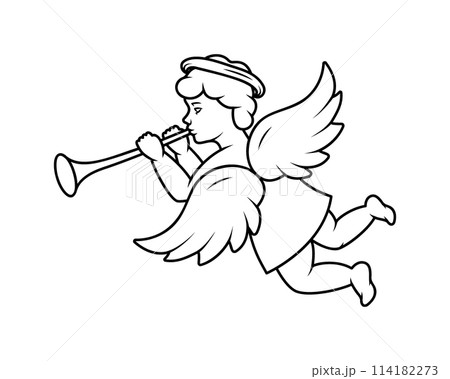 Cherub blowing into a tube. Angel with a wings. Valentine's day. Vector illustration. 114182273