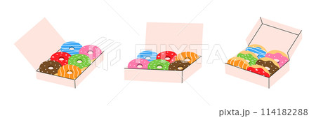 Box donuts. Bakery sweet pastry food. Vector illustration. 114182288