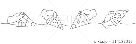 Hands holding a pizza slices one line continuous drawing. Traditional italian fast food continuous one line illustration. Hands holding a pizza slices one line continuous drawing. Traditional italian fast food continuous one line illustration. 114182313