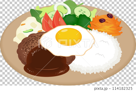 Fried egg and hamburger on a plate 114182325
