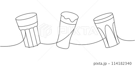 Beer glasses one line continuous drawing. Beer pub products continuous one line illustration. Vector linear illustration. 114182340
