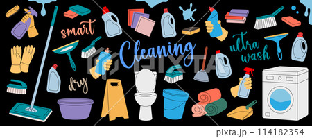 Cleaning set. Toilet bowl, washing machine, floor mop, bucket, plunger, scoop, sponges, washcloths, brushes. Housekeeping service equipment. Cleaning set. Toilet bowl, washing machine, floor mop, bucket, plunger, scoop, sponges, washcloths, brushes. Housekeeping service equipment. 114182354