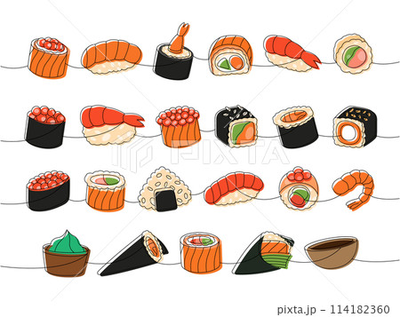 Seafood sushi rolls. Japanese traditional food one line drawing. Ikura sushi, tobiko maki, philadelphia roll, onigiri, shrimp nigiri, tekkamaki tuna 114182360