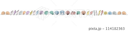 Tropical underwater shells continuous one line illustration. Sea shells, mollusks, scallop, pearls. Vector minimalist linear illustration. 114182363