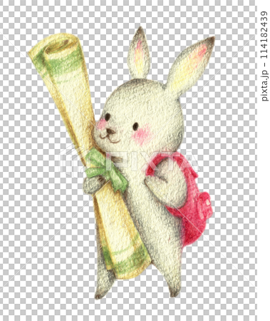 A rabbit going on a picnic with a picnic blanket - hand-drawn colored pencil drawing 114182439