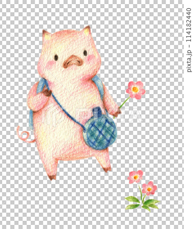 花を摘みながらピクニックするぶた　手描き色鉛筆画 114182440