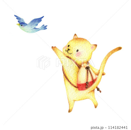 青い鳥を追いかけて歩くねこ　手描き色鉛筆画 114182441