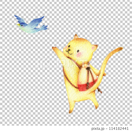 青い鳥を追いかけて歩くねこ　手描き色鉛筆画 114182441