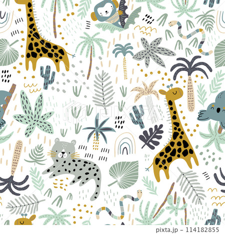 Seamless jungle pattern with cute hand drawn animals and tropical elements. Creative kids design for fabric, wrapping, textile, wallpaper, apparel. Vector illustration 114182855