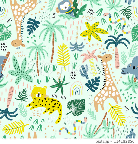 Seamless jungle pattern with cute hand drawn animals and tropical elements. Creative kids design for fabric, wrapping, textile, wallpaper, apparel. Vector illustration 114182856