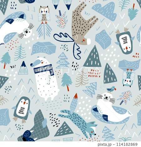 Childish seamless nordic pattern. Creative hand drawn north pole background.  background for fabric, textile, apparel, wallpaper. 114182869