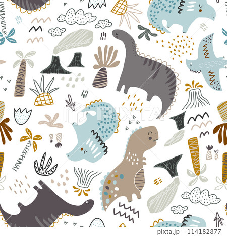 Childish seamless dino pattern. Creative hand drawn funny dinosaurs background. Vector background for fabric, textile, apparel, wallpaper. Childish seamless dino pattern. Creative hand drawn funny dinosaurs background. Vector background for fabric, textile, apparel, wallpaper. 114182877
