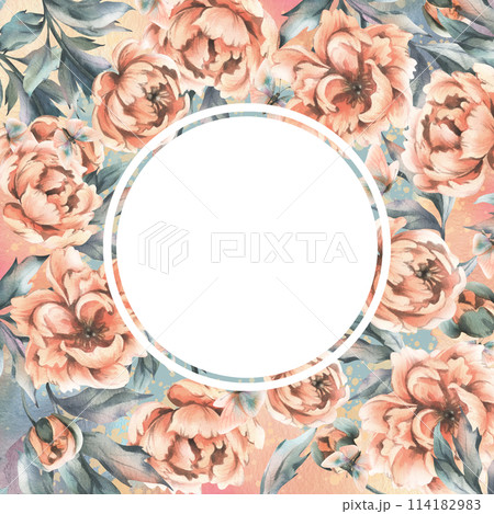Peony flowers with buds and leaves with flying butterflies in pastel peach fuzz color. Hand drawn botanical watercolor illustration. Romantic, cute, beautiful, frame, wreath, template for text. 114182983