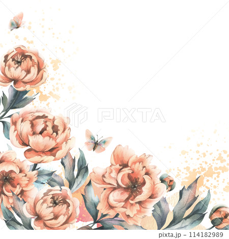 Peony flowers with buds and leaves with flying butterflies in pastel peach fuzz color. Hand drawn botanical watercolor illustration. Romantic, cute, beautiful, frame, wreath, template for text. 114182989