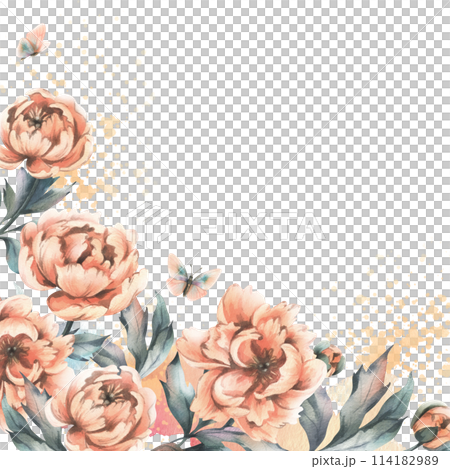 Peony flowers with buds and leaves with flying butterflies in pastel peach fuzz color. Hand drawn botanical watercolor illustration. Romantic, cute, beautiful, frame, wreath, template for text. 114182989