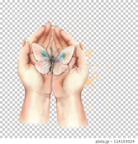 A white woman's hands are folded into a butterfly. Realistic hand-drawn watercolor illustration. Composition isolated from the background. For Women's Day, Mother's Day, Birthday themes. A white woman's hands are folded into a butterfly. Realistic hand-drawn watercolor illustration. Composition isolated from the background. For Women's Day, Mother's Day, Birthday themes. 114183024